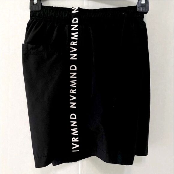 H&M Men’s Swim Trunks Shorts Black White Repeat Tape NVRMND Drawstring Pockets - Picture 1 of 11